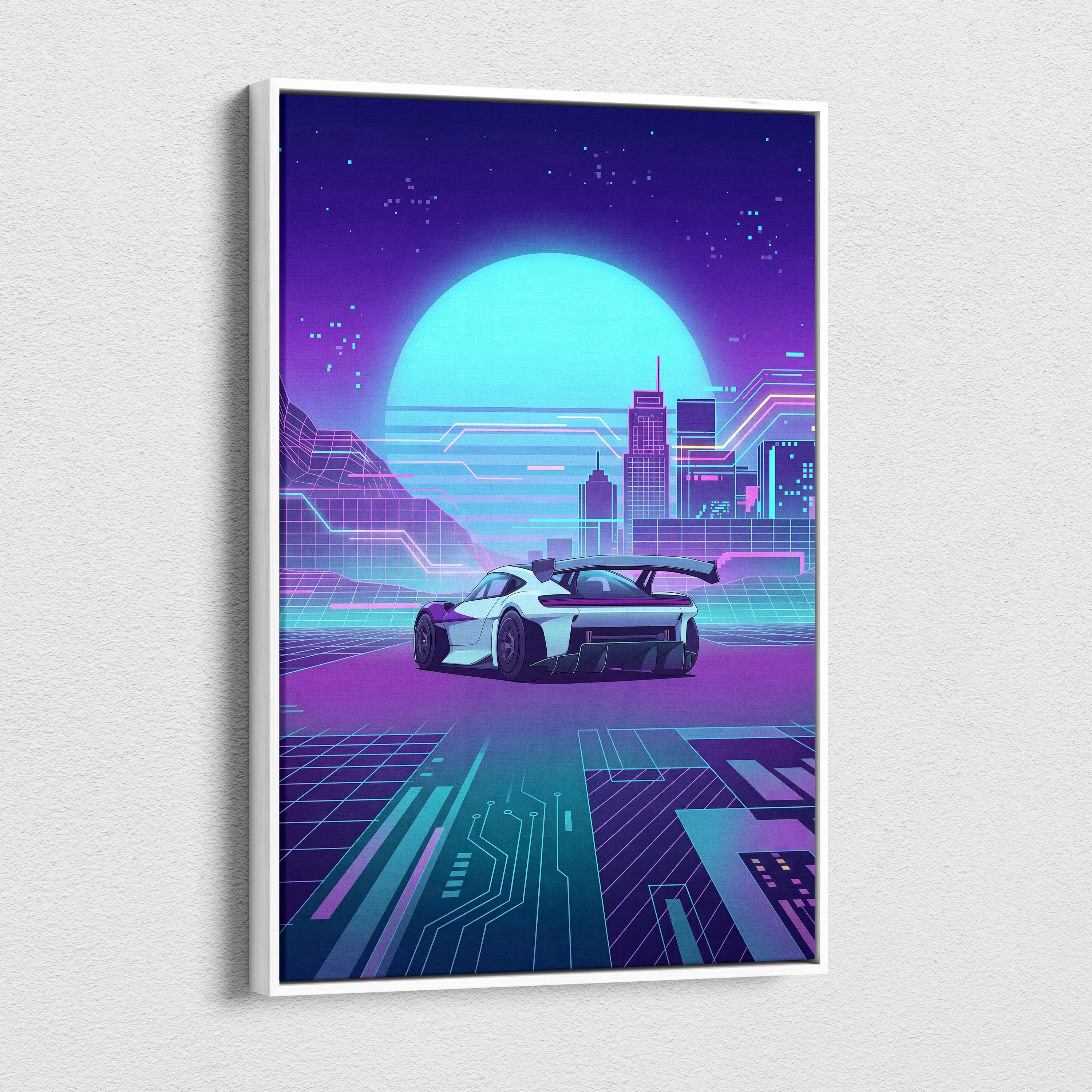 Porsche Mission R Inspired White Purple Canvas Wall Art Vaporwave Neon City Concept Car Artwork, Cyberpunk Garage Decor
