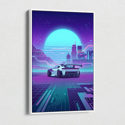 Porsche Mission R Inspired White Purple Canvas Wall Art Vaporwave Neon City Concept Car Artwork, Cyberpunk Garage Decor