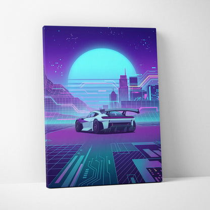 Porsche Mission R Inspired White Purple Canvas Wall Art Vaporwave Neon City Concept Car Artwork, Cyberpunk Garage Decor