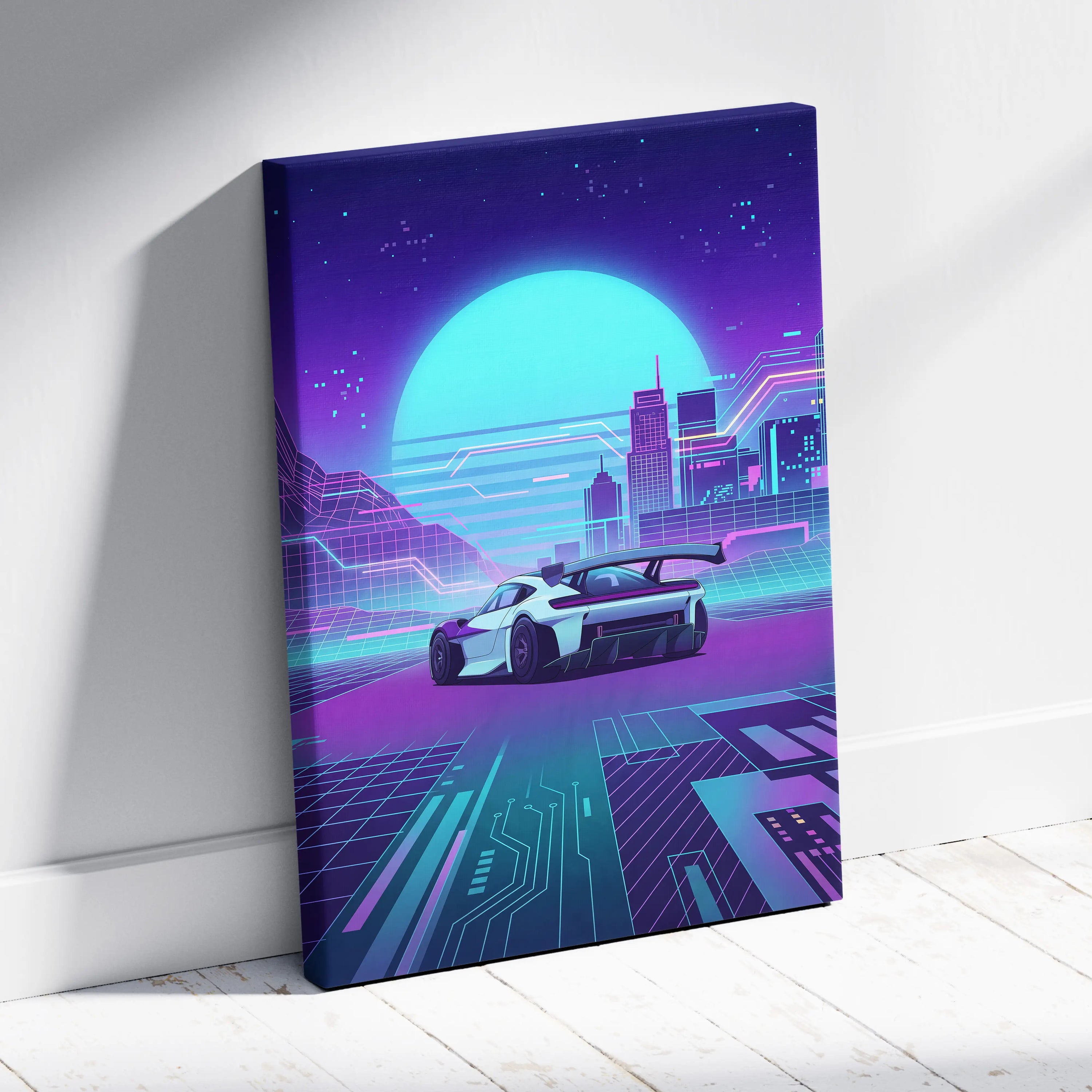 Porsche Mission R Inspired White Purple Canvas Wall Art Vaporwave Neon City Concept Car Artwork, Cyberpunk Garage Decor