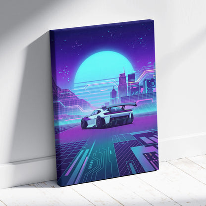 Porsche Mission R Inspired White Purple Canvas Wall Art Vaporwave Neon City Concept Car Artwork, Cyberpunk Garage Decor
