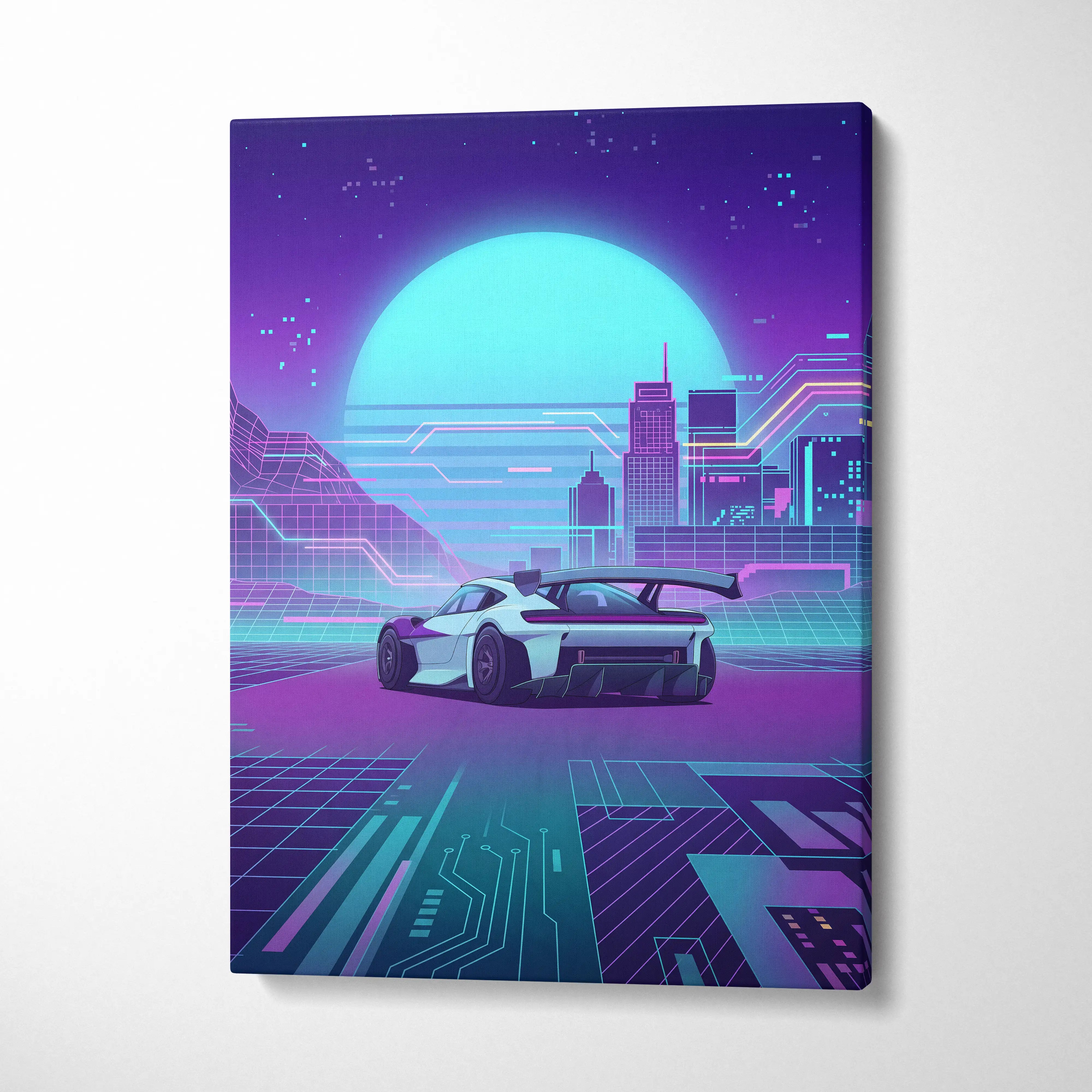 Porsche Mission R Inspired White Purple Canvas Wall Art Vaporwave Neon City Concept Car Artwork, Cyberpunk Garage Decor