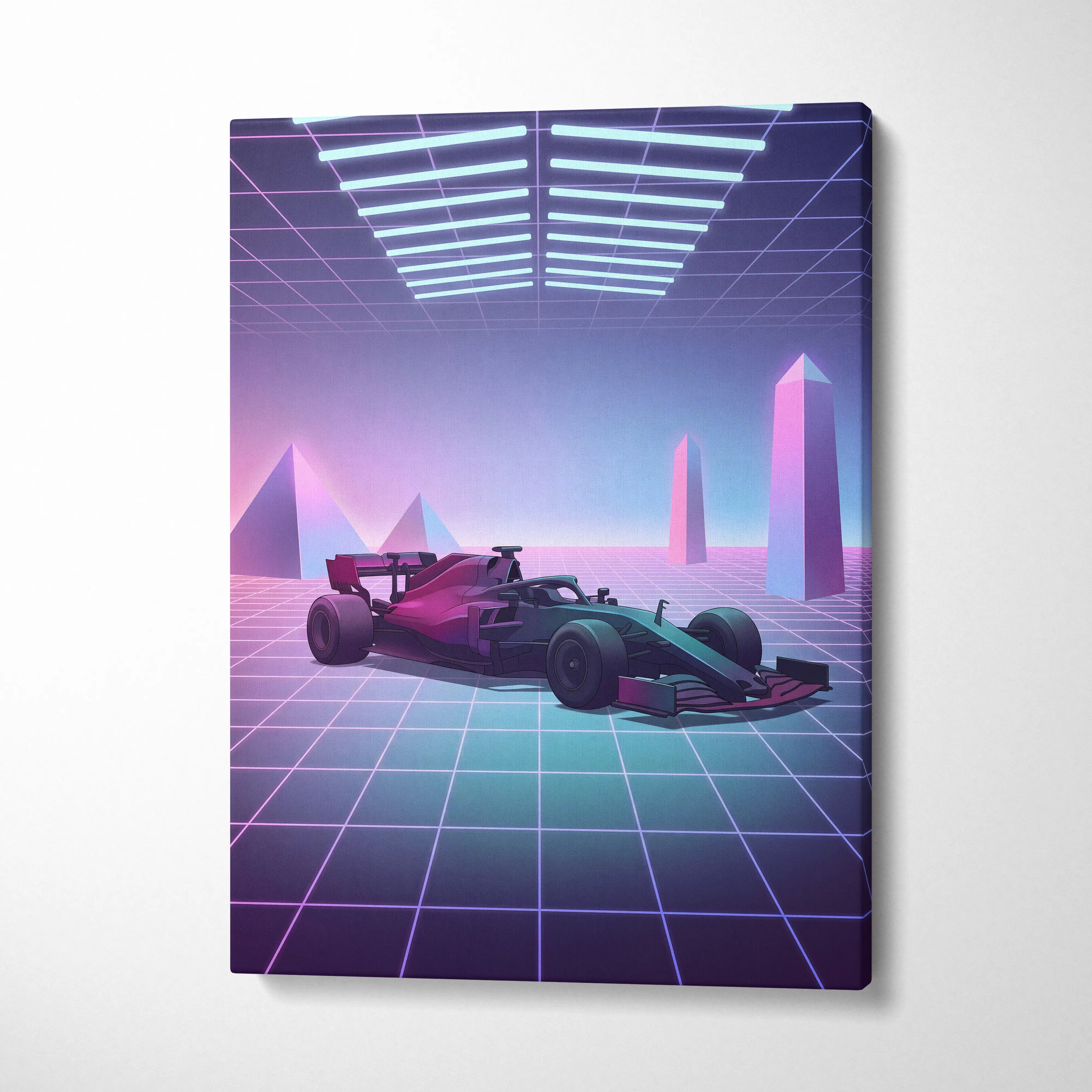 Formula 1 Inspired Pink Blue Canvas Wall Art Vaporwave Race Car Artwork, Neon Grid Motorsport Decor Cyberpunk Garage Art
