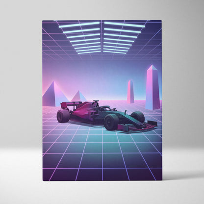 Formula 1 Inspired Pink Blue Canvas Wall Art Vaporwave Race Car Artwork, Neon Grid Motorsport Decor Cyberpunk Garage Art