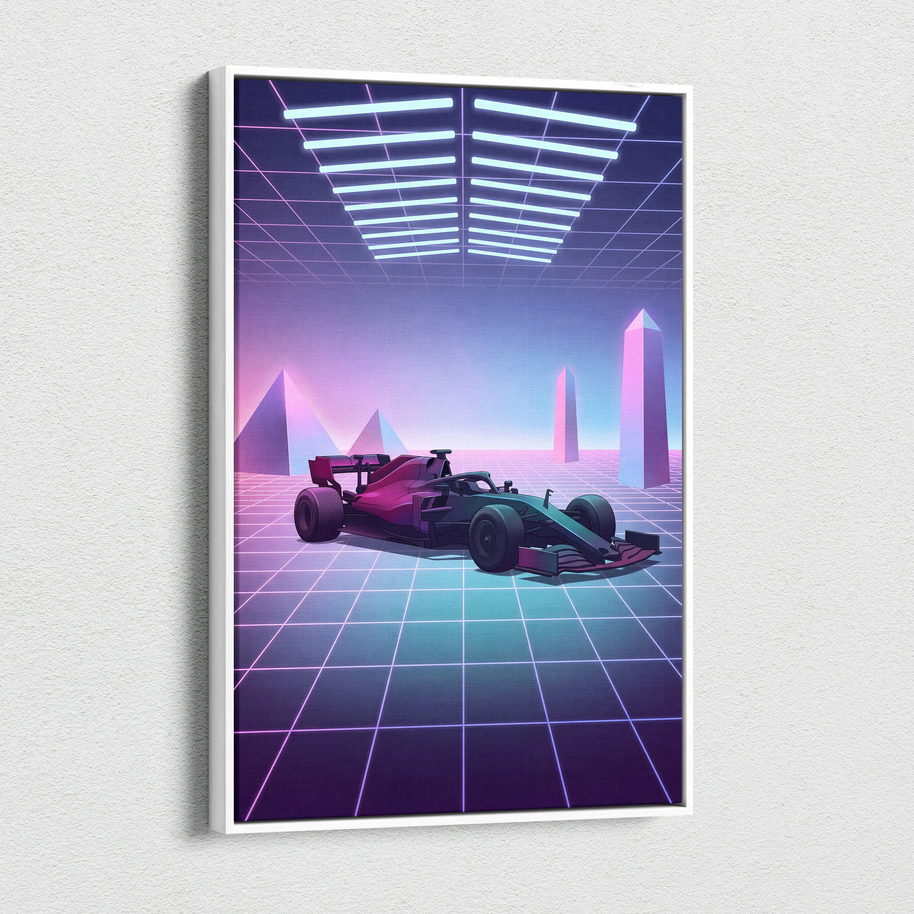 Formula 1 Inspired Pink Blue Canvas Wall Art Vaporwave Race Car Artwork, Neon Grid Motorsport Decor Cyberpunk Garage Art