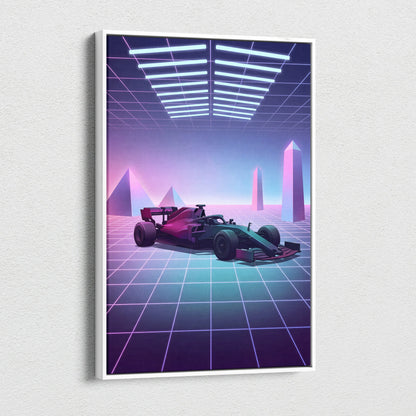 Formula 1 Inspired Pink Blue Canvas Wall Art Vaporwave Race Car Artwork, Neon Grid Motorsport Decor Cyberpunk Garage Art