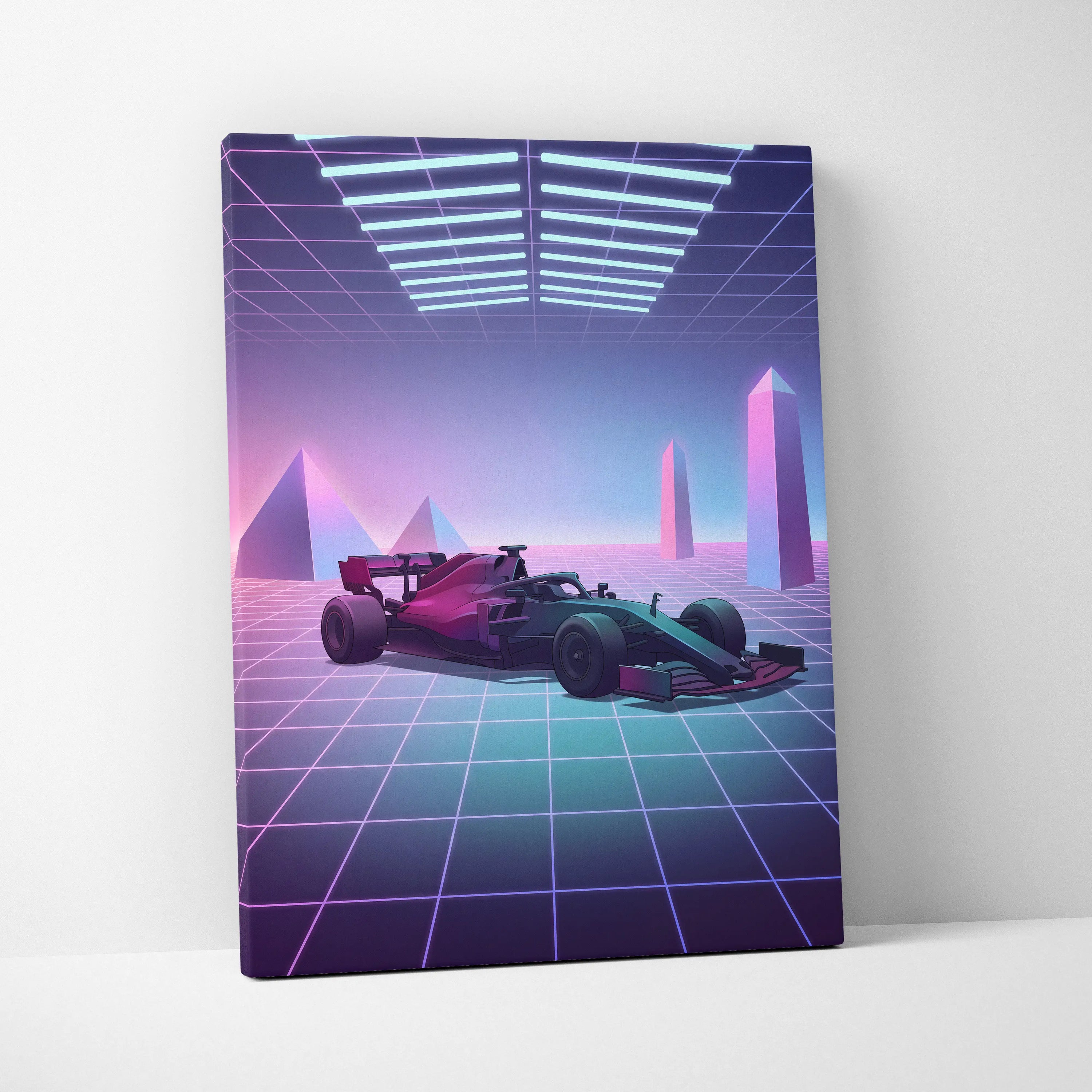 Formula 1 Inspired Pink Blue Canvas Wall Art Vaporwave Race Car Artwork, Neon Grid Motorsport Decor Cyberpunk Garage Art