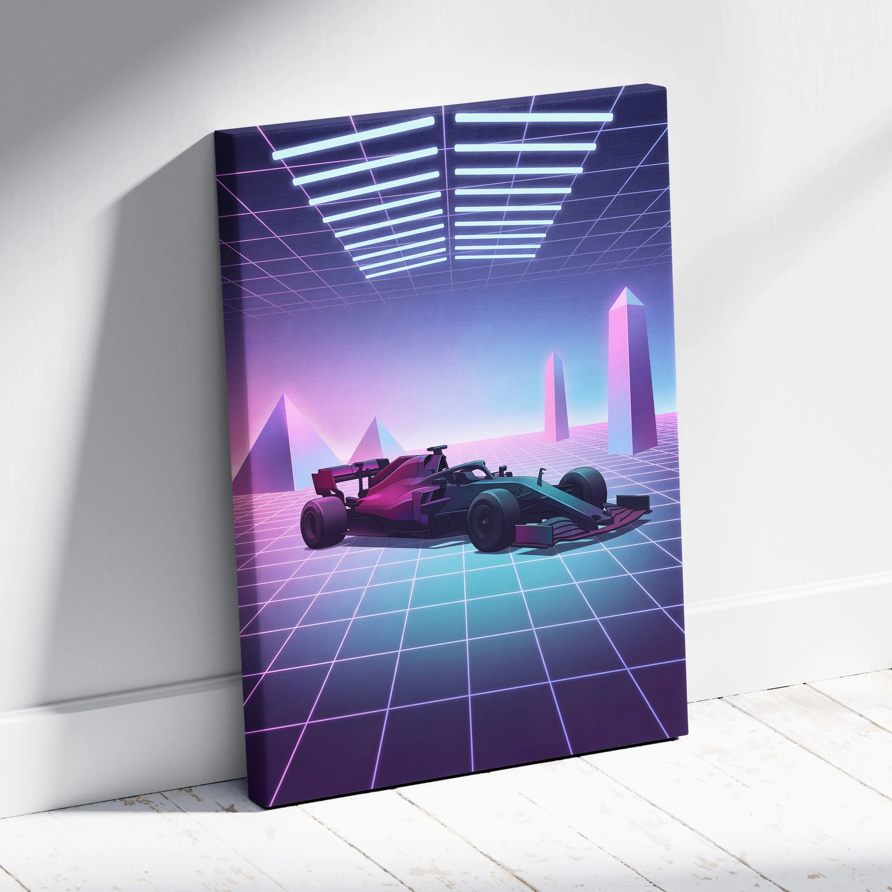 Formula 1 Inspired Pink Blue Canvas Wall Art Vaporwave Race Car Artwork, Neon Grid Motorsport Decor Cyberpunk Garage Art