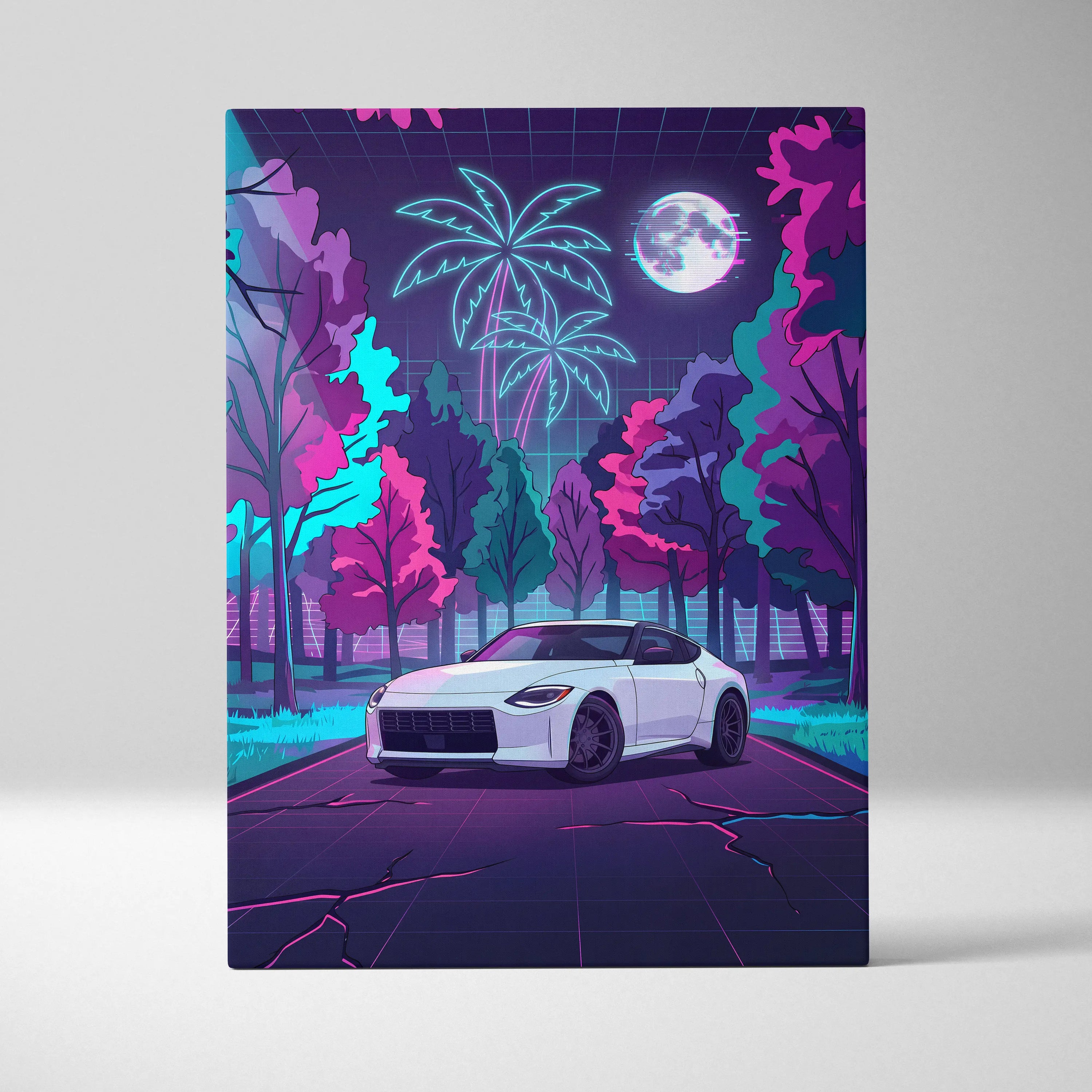 Nissan Z Inspired White Pink Canvas Wall Art Vaporwave Neon Forest Road Car Artwork, Retro Moonlit JDM Garage Decor