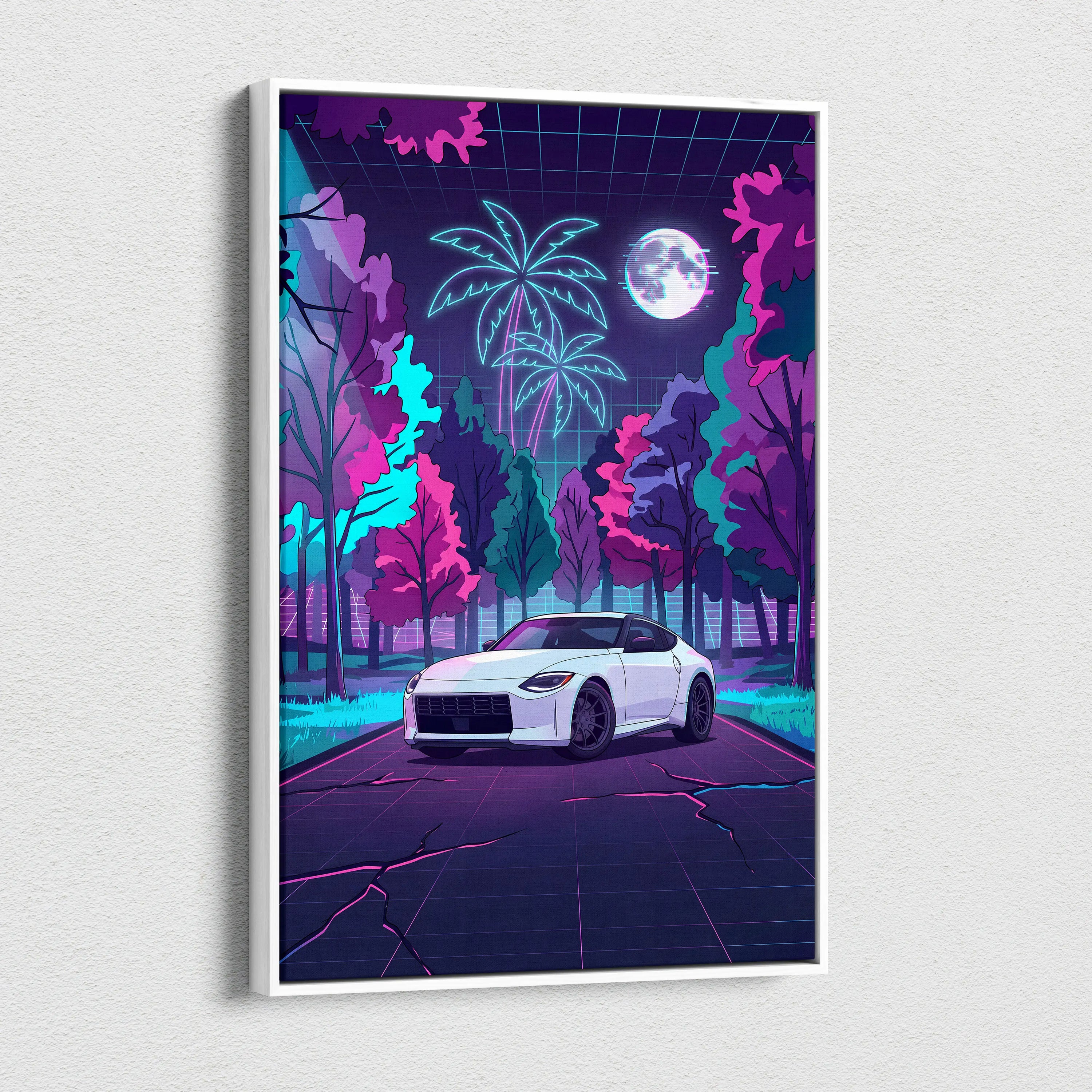 Nissan Z Inspired White Pink Canvas Wall Art Vaporwave Neon Forest Road Car Artwork, Retro Moonlit JDM Garage Decor