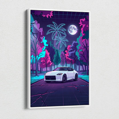 Nissan Z Inspired White Pink Canvas Wall Art Vaporwave Neon Forest Road Car Artwork, Retro Moonlit JDM Garage Decor