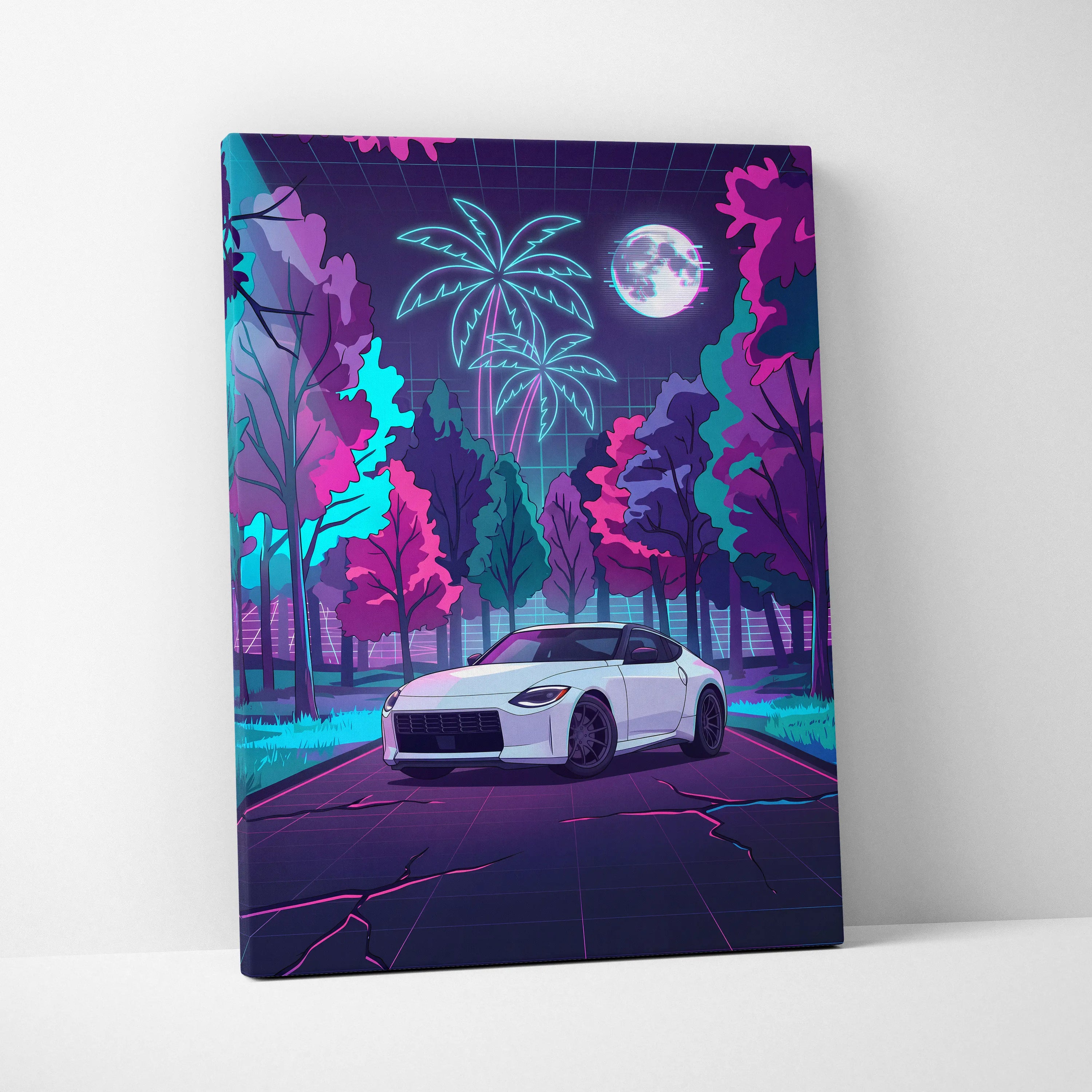 Nissan Z Inspired White Pink Canvas Wall Art Vaporwave Neon Forest Road Car Artwork, Retro Moonlit JDM Garage Decor