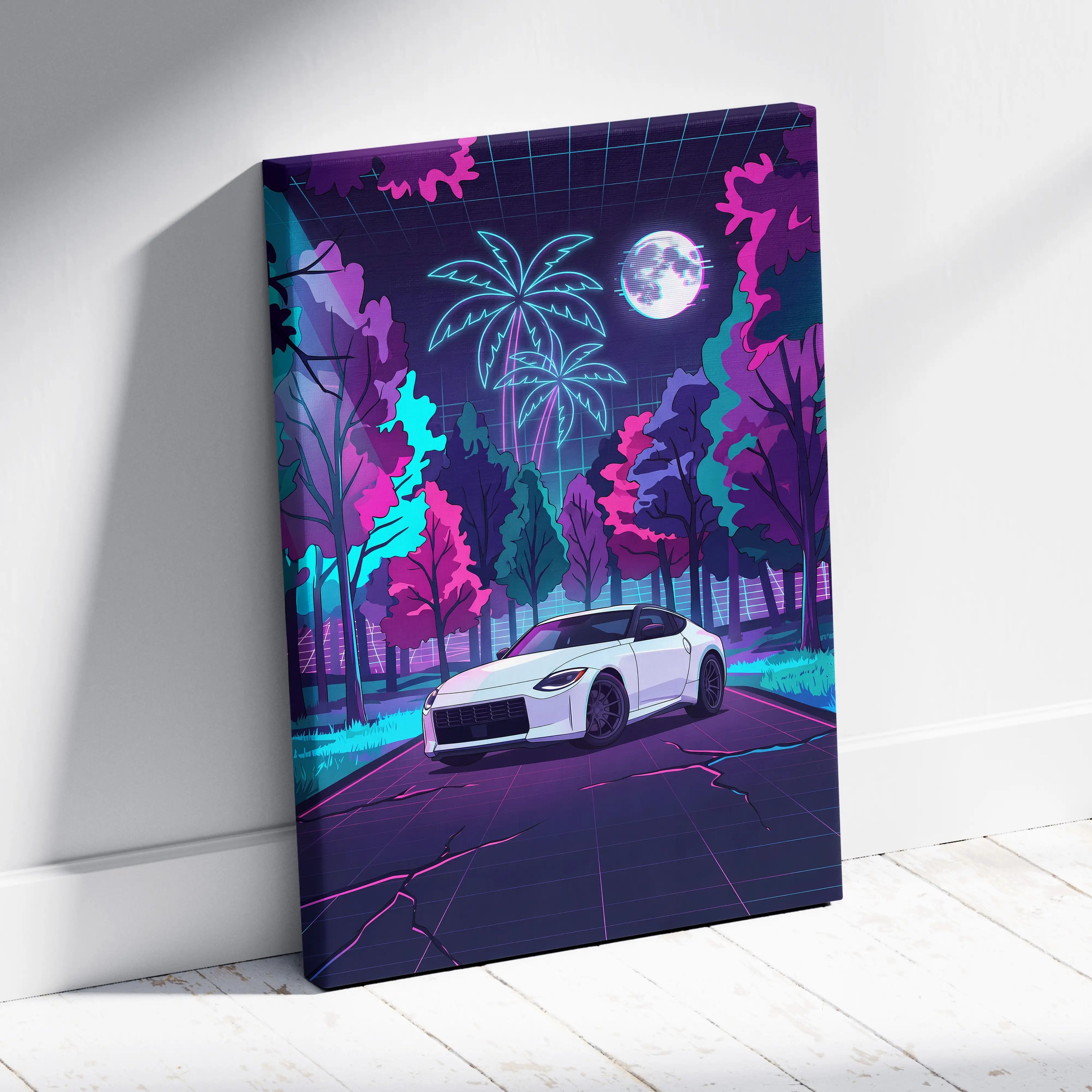 Nissan Z Inspired White Pink Canvas Wall Art Vaporwave Neon Forest Road Car Artwork, Retro Moonlit JDM Garage Decor