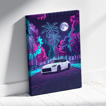Nissan Z Inspired White Pink Canvas Wall Art Vaporwave Neon Forest Road Car Artwork, Retro Moonlit JDM Garage Decor