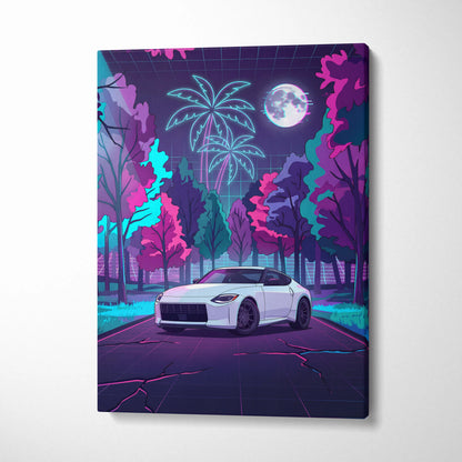 Nissan Z Inspired White Pink Canvas Wall Art Vaporwave Neon Forest Road Car Artwork, Retro Moonlit JDM Garage Decor