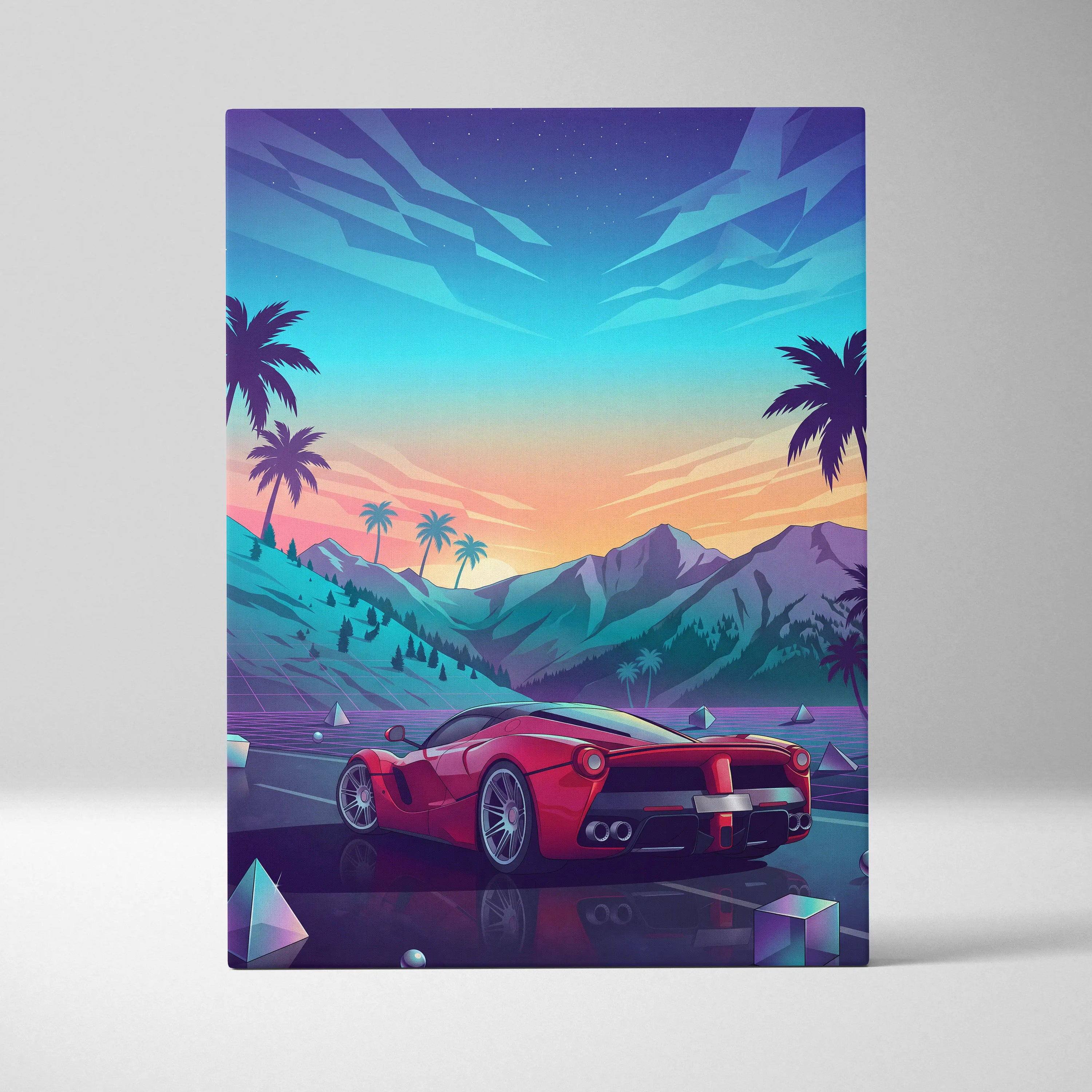 Ferrari LaFerrari Inspired Red Blue Canvas Wall Art Vaporwave Mountain Road Hypercar Artwork, Neon Sunset Garage Decor