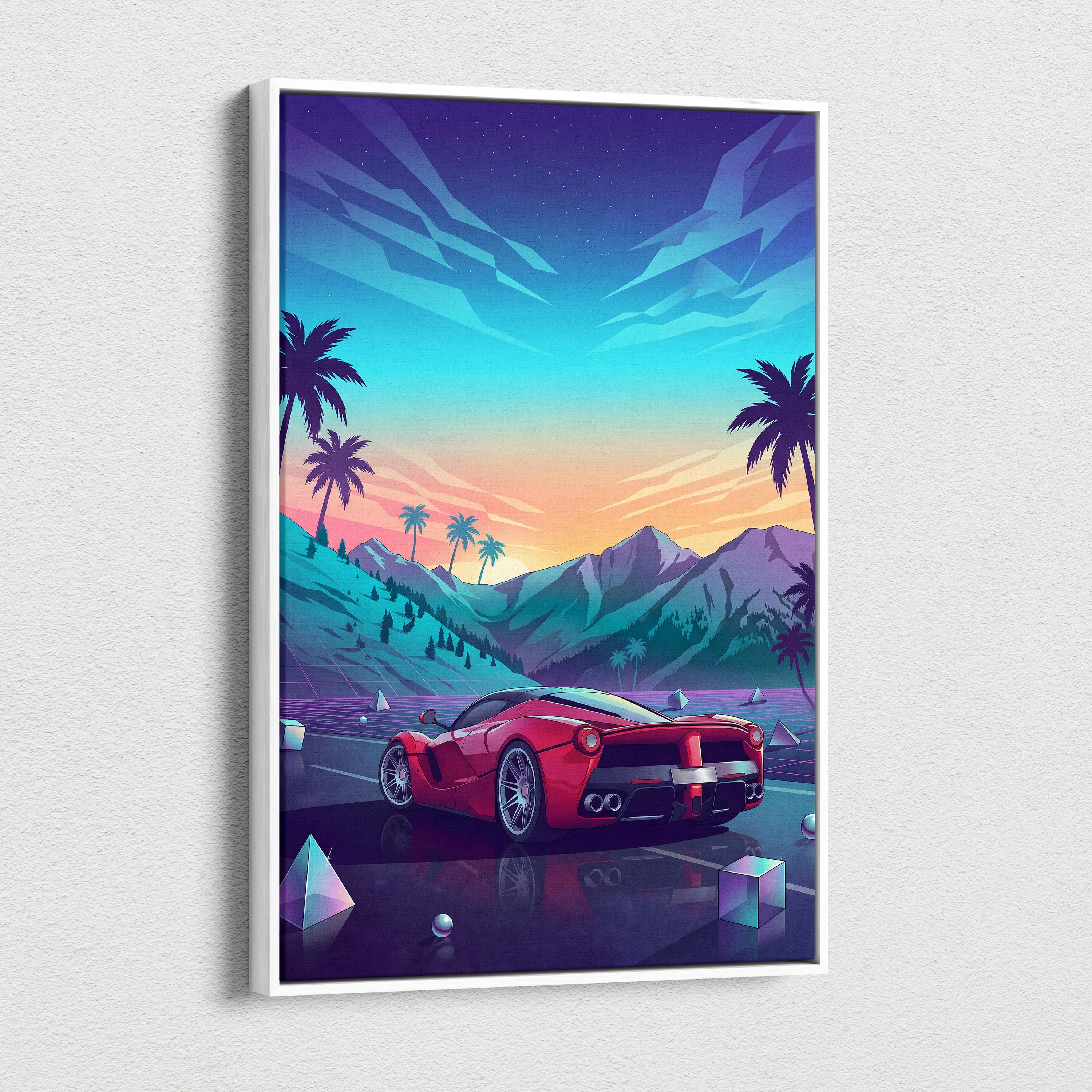 Ferrari LaFerrari Inspired Red Blue Canvas Wall Art Vaporwave Mountain Road Hypercar Artwork, Neon Sunset Garage Decor
