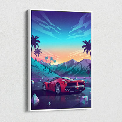 Ferrari LaFerrari Inspired Red Blue Canvas Wall Art Vaporwave Mountain Road Hypercar Artwork, Neon Sunset Garage Decor