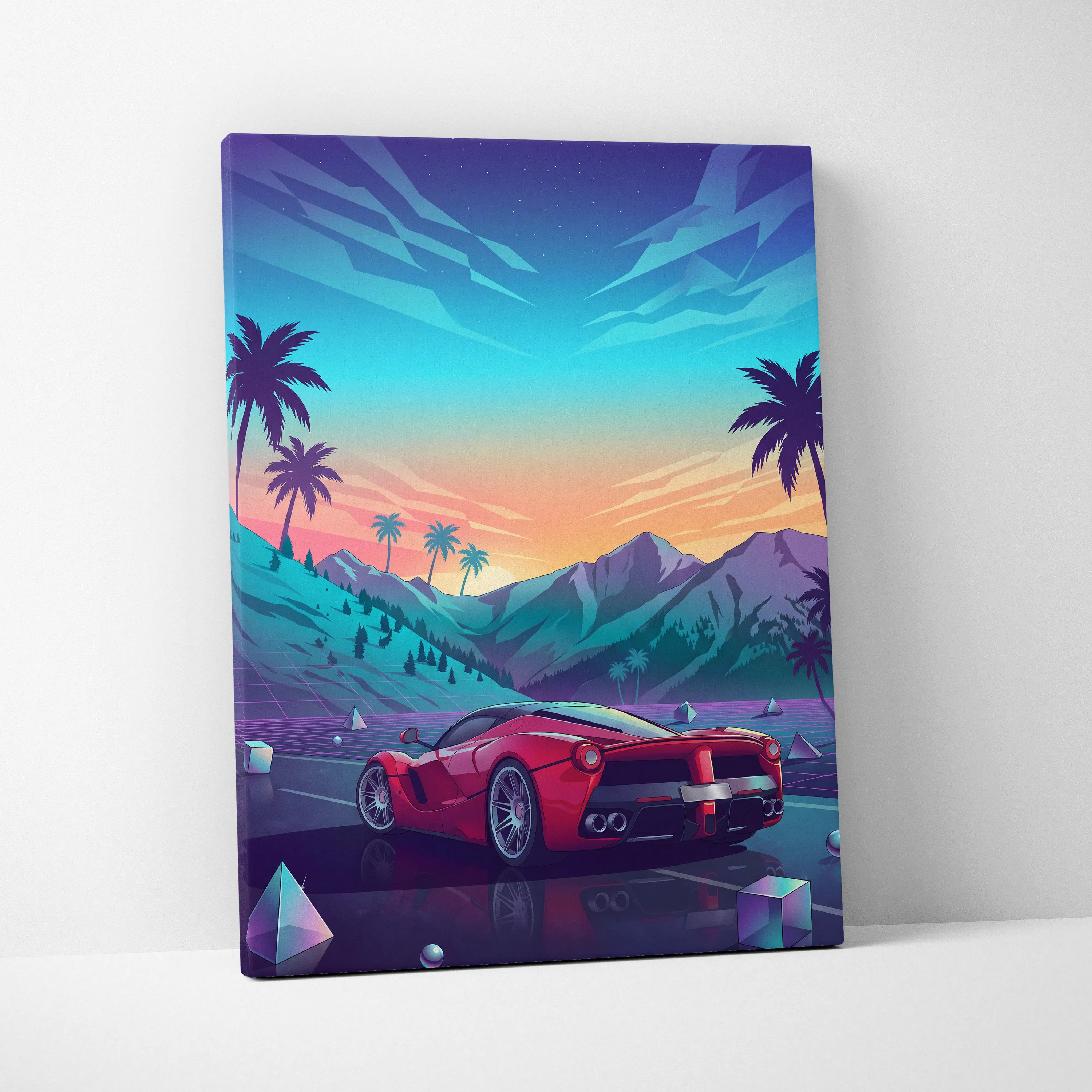 Ferrari LaFerrari Inspired Red Blue Canvas Wall Art Vaporwave Mountain Road Hypercar Artwork, Neon Sunset Garage Decor