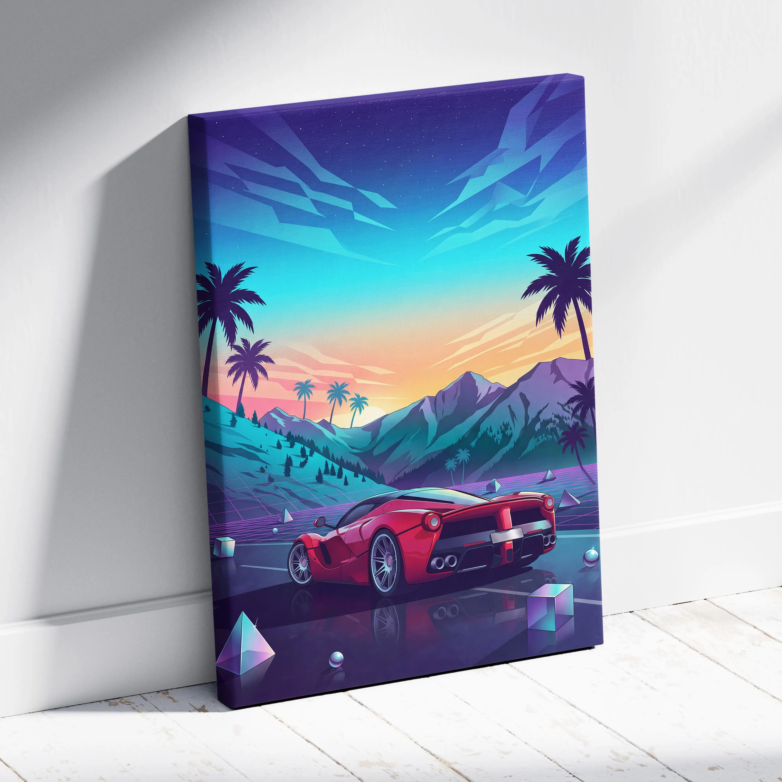 Ferrari LaFerrari Inspired Red Blue Canvas Wall Art Vaporwave Mountain Road Hypercar Artwork, Neon Sunset Garage Decor