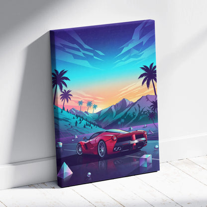 Ferrari LaFerrari Inspired Red Blue Canvas Wall Art Vaporwave Mountain Road Hypercar Artwork, Neon Sunset Garage Decor