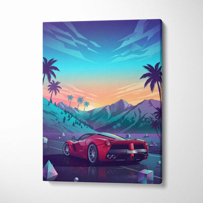 Ferrari LaFerrari Inspired Red Blue Canvas Wall Art Vaporwave Mountain Road Hypercar Artwork, Neon Sunset Garage Decor