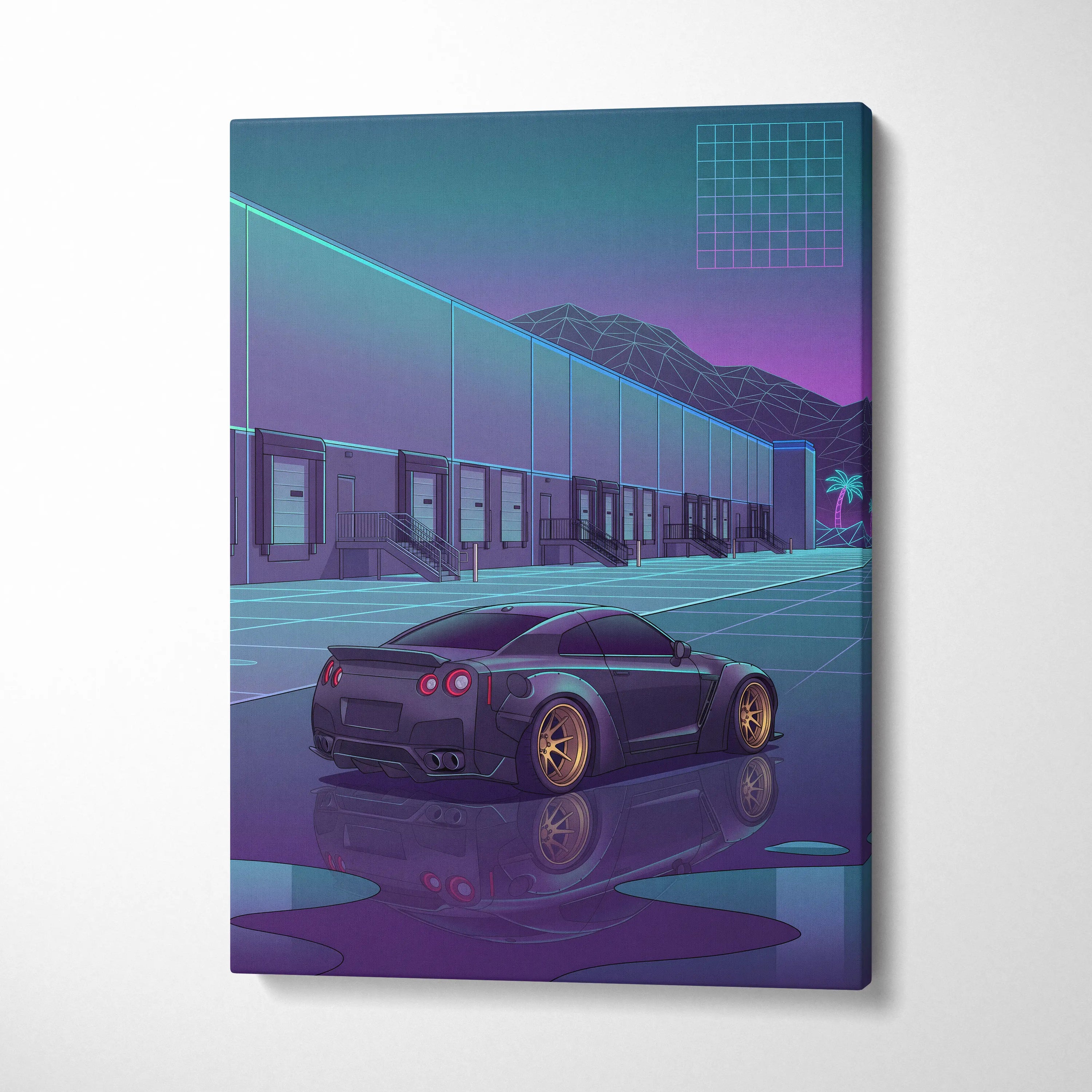 Nissan GT-R R35 Inspired Black Purple Canvas Wall Art, Neon Vaporwave JDM Supercar Artwork for Garage Decor