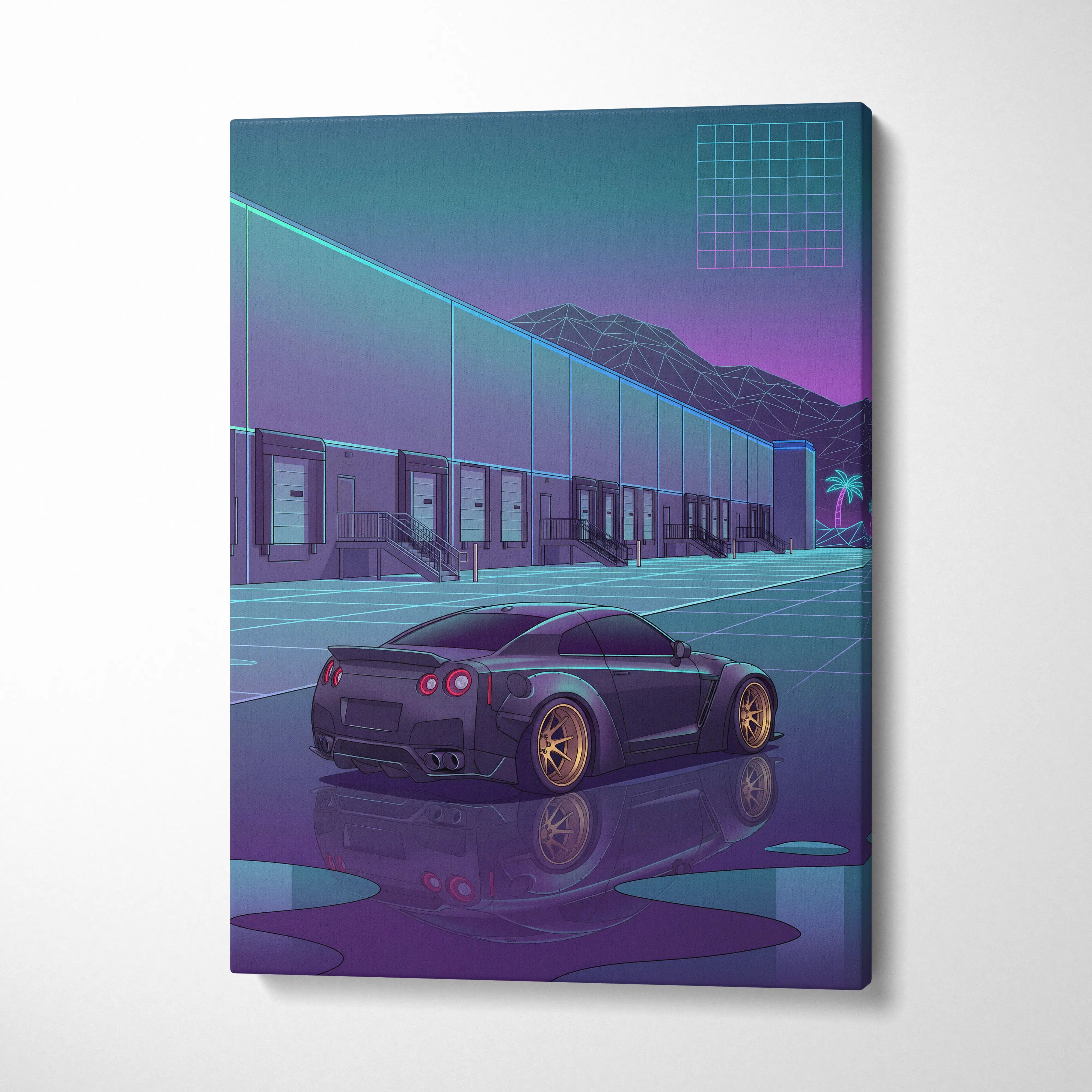 Nissan GT-R R35 Inspired Black Purple Canvas Wall Art, Neon Vaporwave JDM Supercar Artwork for Garage Decor