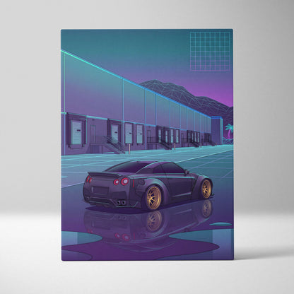 Nissan GT-R R35 Inspired Black Purple Canvas Wall Art, Neon Vaporwave JDM Supercar Artwork for Garage Decor