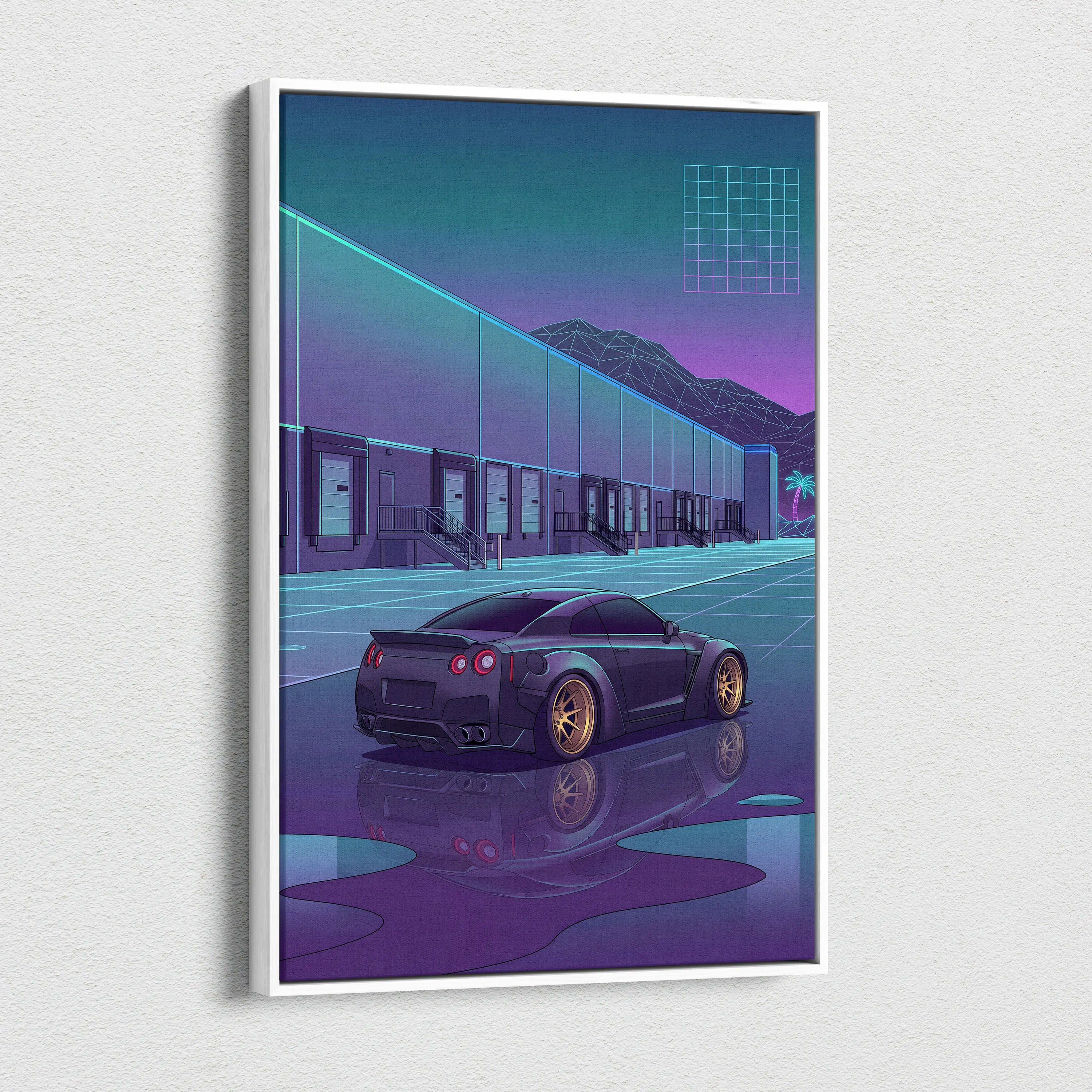 Nissan GT-R R35 Inspired Black Purple Canvas Wall Art, Neon Vaporwave JDM Supercar Artwork for Garage Decor
