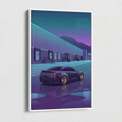 Nissan GT-R R35 Inspired Black Purple Canvas Wall Art, Neon Vaporwave JDM Supercar Artwork for Garage Decor