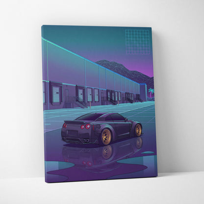 Nissan GT-R R35 Inspired Black Purple Canvas Wall Art, Neon Vaporwave JDM Supercar Artwork for Garage Decor