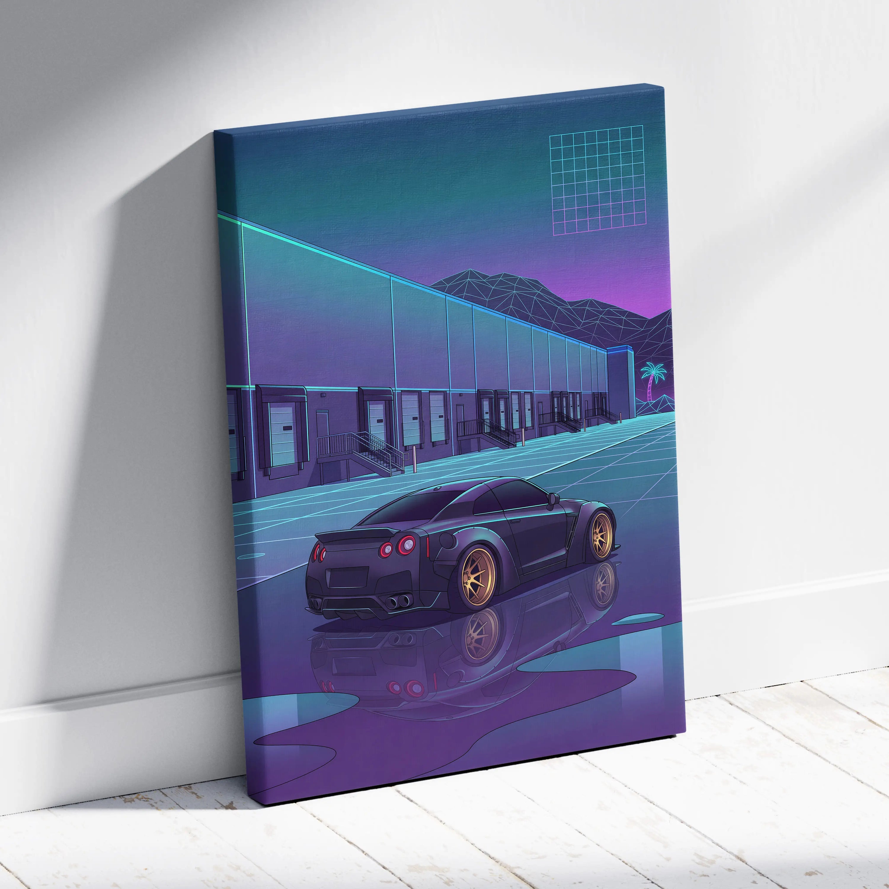 Nissan GT-R R35 Inspired Black Purple Canvas Wall Art, Neon Vaporwave JDM Supercar Artwork for Garage Decor
