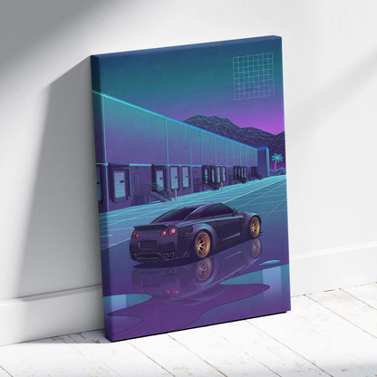 Nissan GT-R R35 Inspired Black Purple Canvas Wall Art, Neon Vaporwave JDM Supercar Artwork for Garage Decor