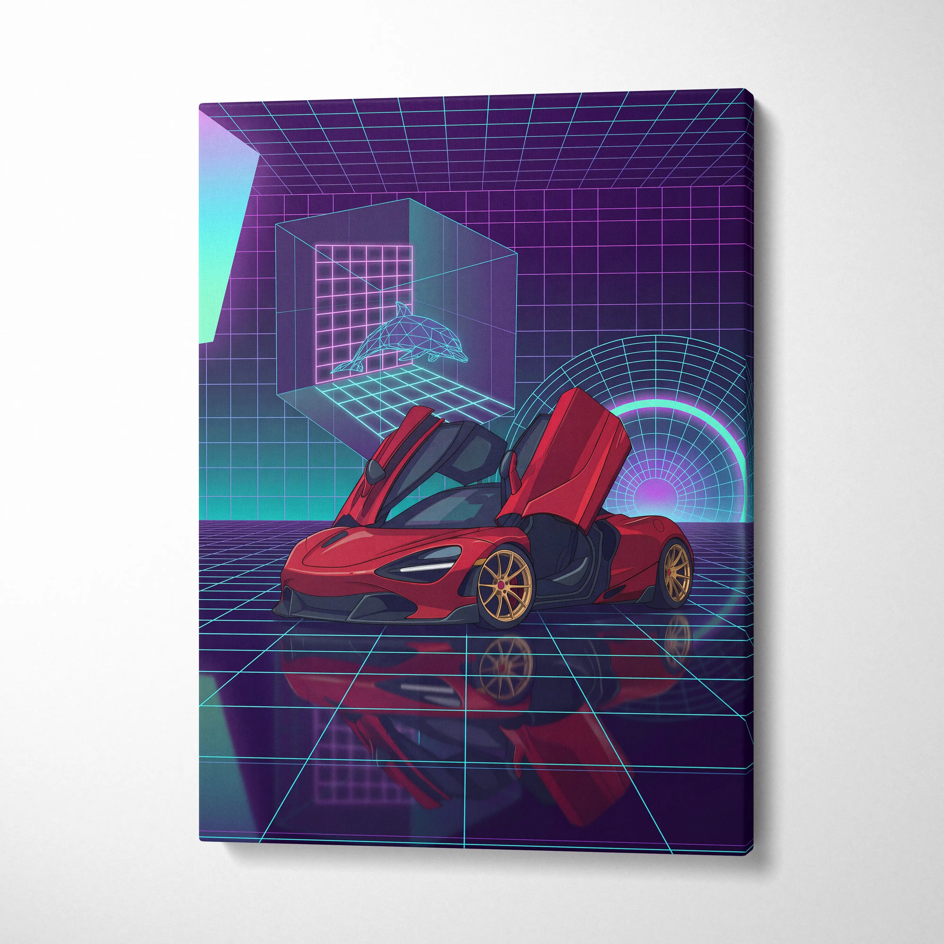 McLaren 720S Inspired Red Purple Canvas Wall Art, Vaporwave Supercar Artwork, Neon Grid Garage Decor, Retro Futuristic Exotic Print