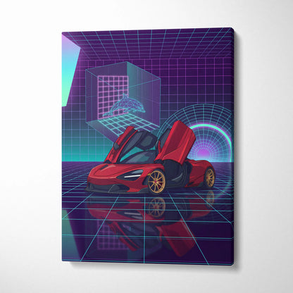 McLaren 720S Inspired Red Purple Canvas Wall Art, Vaporwave Supercar Artwork, Neon Grid Garage Decor, Retro Futuristic Exotic Print