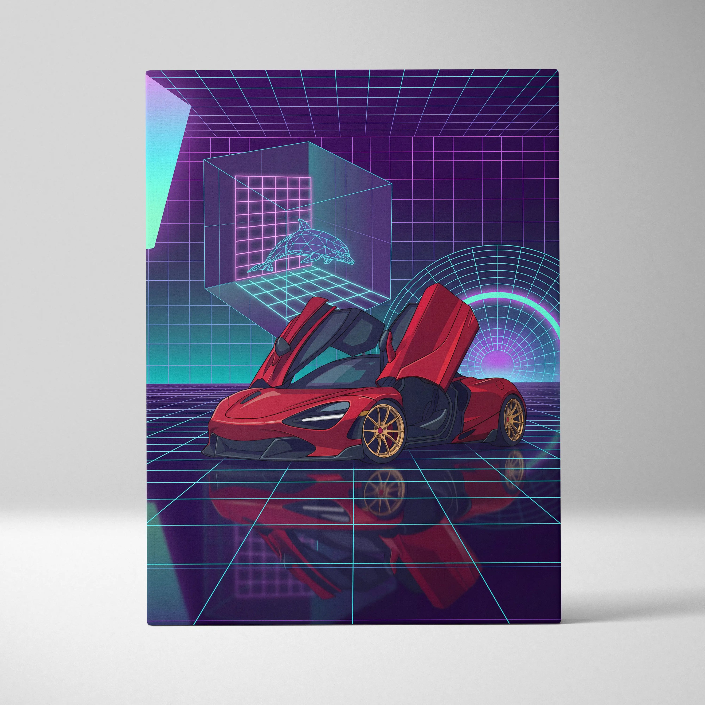 McLaren 720S Inspired Red Purple Canvas Wall Art, Vaporwave Supercar Artwork, Neon Grid Garage Decor, Retro Futuristic Exotic Print