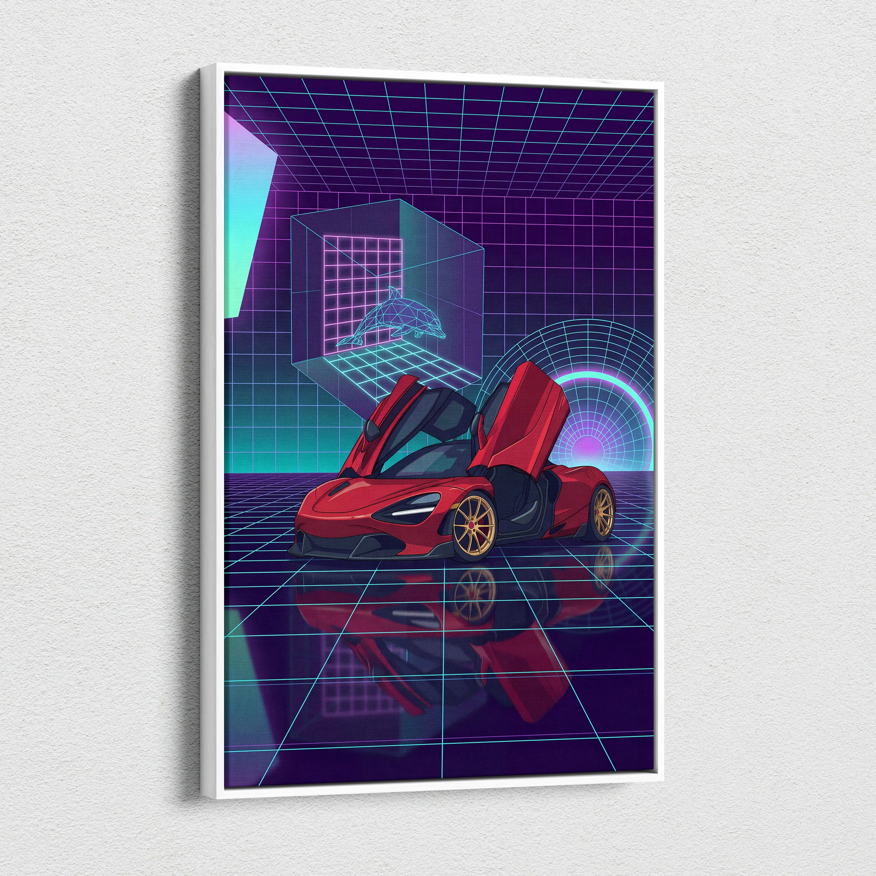 McLaren 720S Inspired Red Purple Canvas Wall Art, Vaporwave Supercar Artwork, Neon Grid Garage Decor, Retro Futuristic Exotic Print