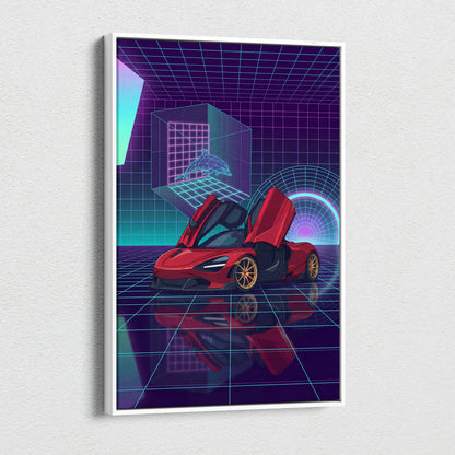 McLaren 720S Inspired Red Purple Canvas Wall Art, Vaporwave Supercar Artwork, Neon Grid Garage Decor, Retro Futuristic Exotic Print