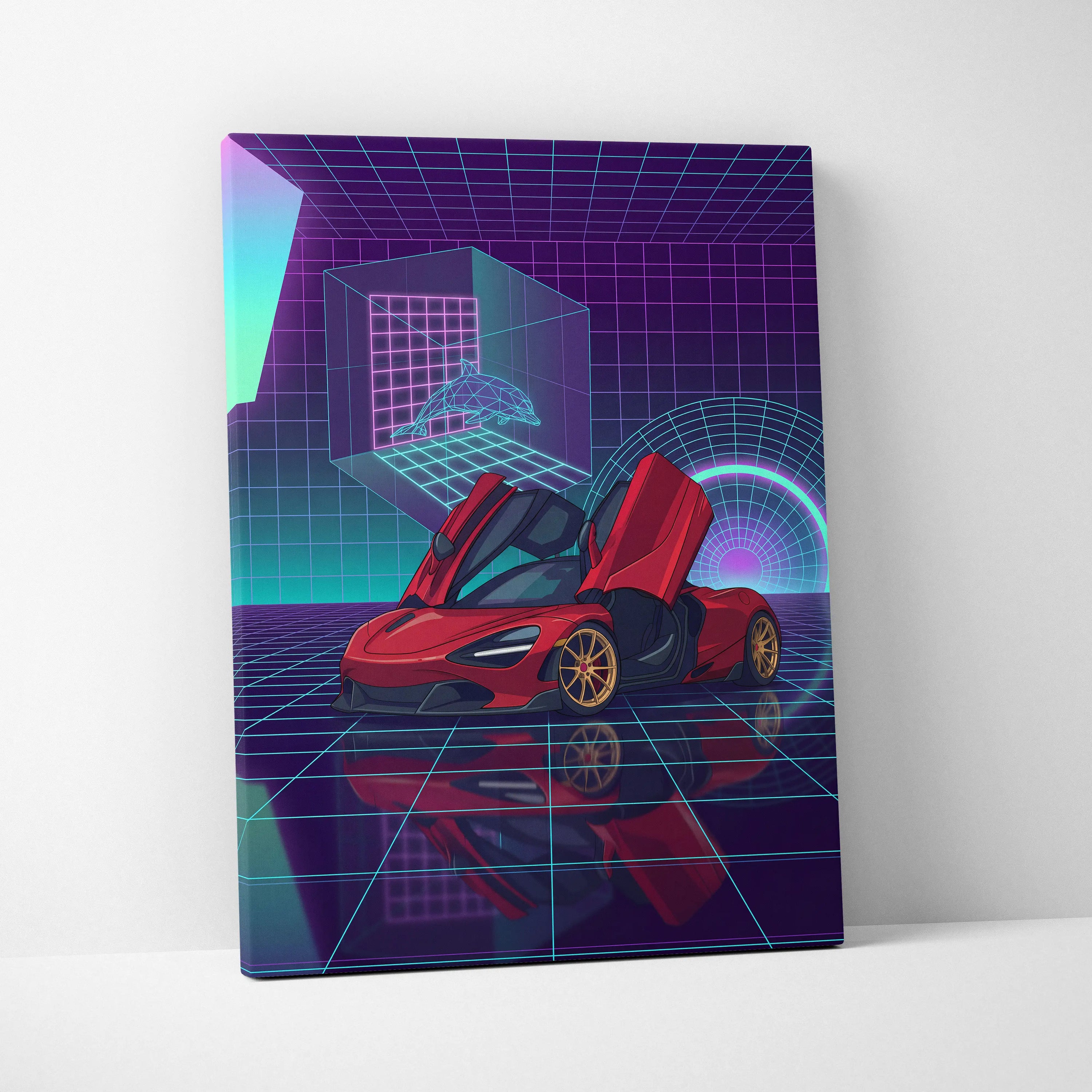 McLaren 720S Inspired Red Purple Canvas Wall Art, Vaporwave Supercar Artwork, Neon Grid Garage Decor, Retro Futuristic Exotic Print