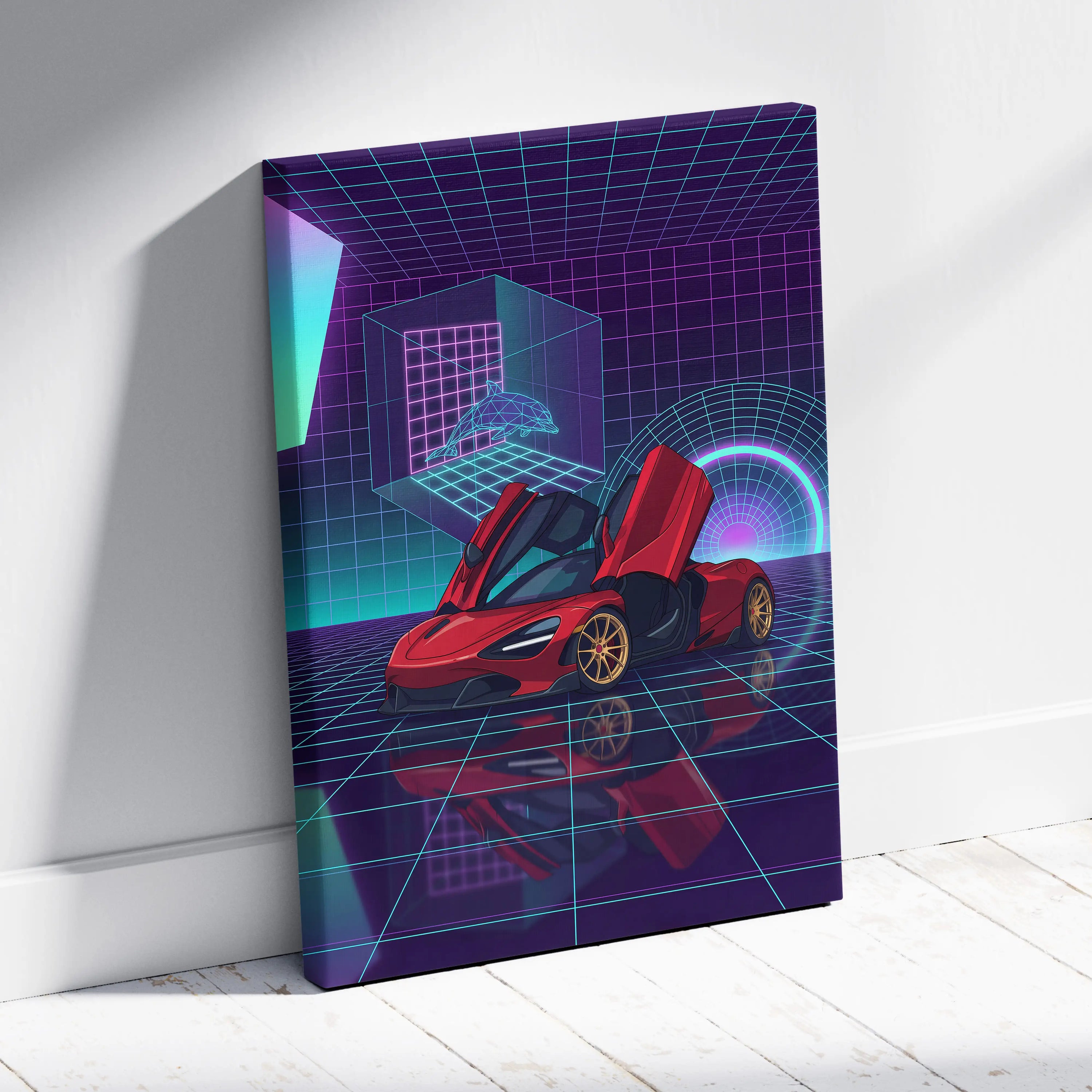 McLaren 720S Inspired Red Purple Canvas Wall Art, Vaporwave Supercar Artwork, Neon Grid Garage Decor, Retro Futuristic Exotic Print