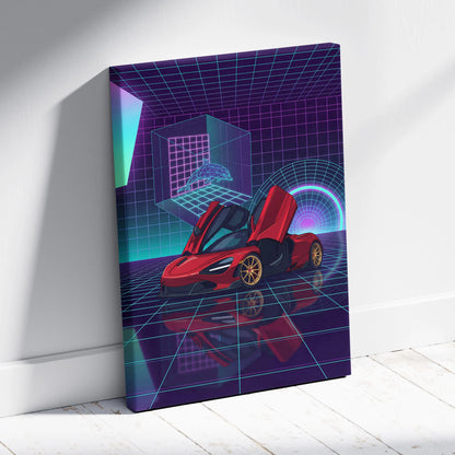 McLaren 720S Inspired Red Purple Canvas Wall Art, Vaporwave Supercar Artwork, Neon Grid Garage Decor, Retro Futuristic Exotic Print