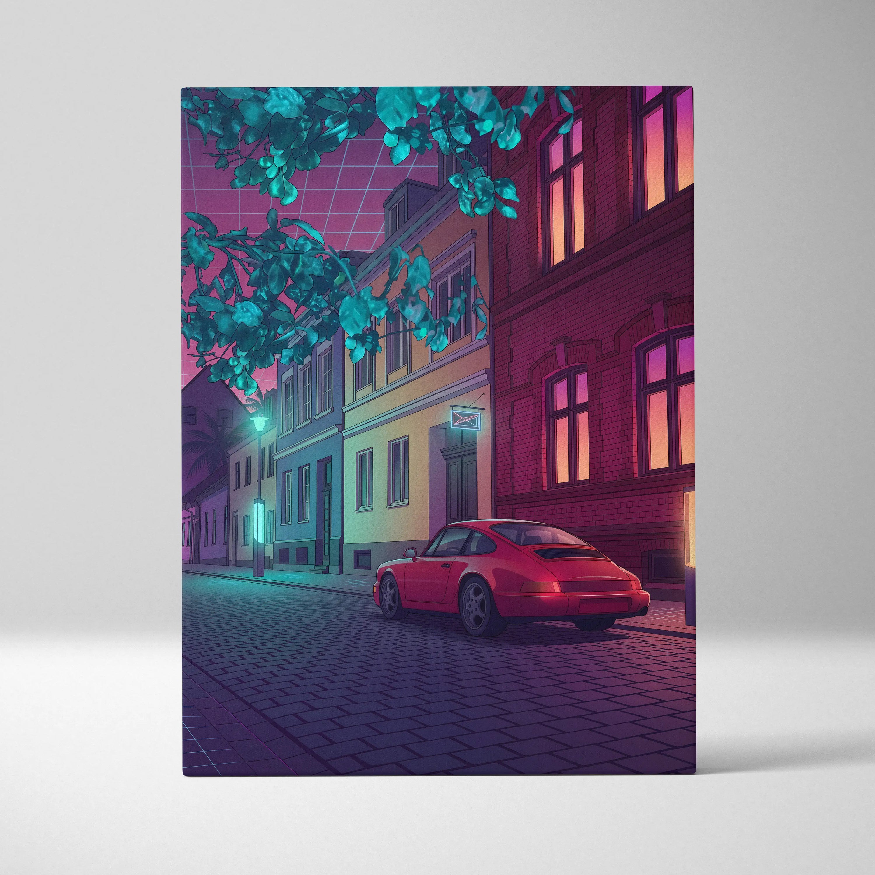 Porsche 911 Inspired Red Purple Canvas Wall Art Vaporwave Classic Sports Car Artwork Neon Street Garage Decor Retro Futuristic City Print
