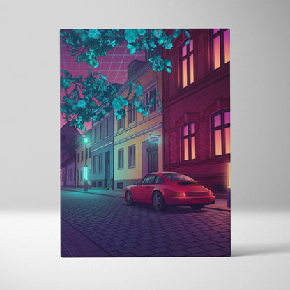 Porsche 911 Inspired Red Purple Canvas Wall Art Vaporwave Classic Sports Car Artwork Neon Street Garage Decor Retro Futuristic City Print