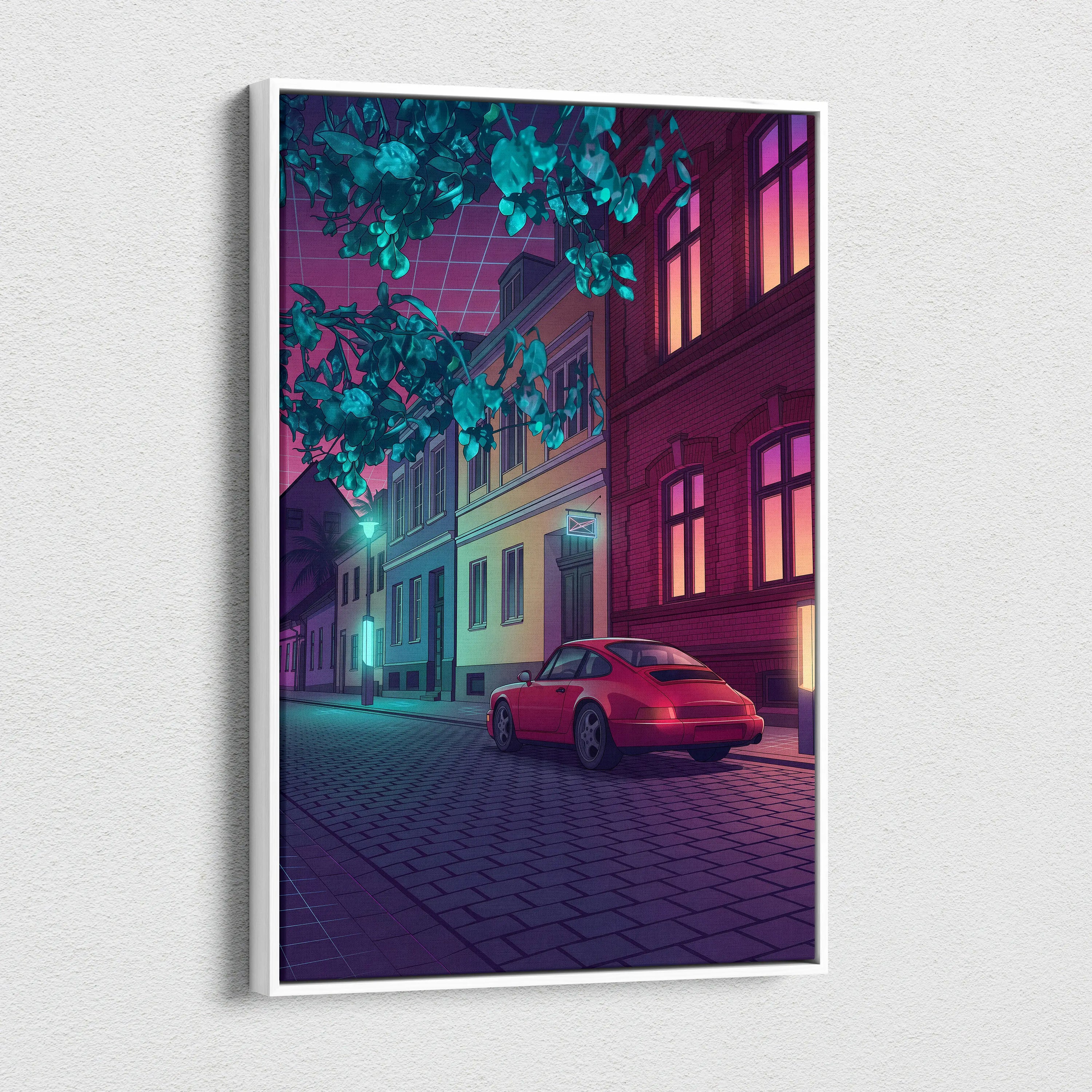 Porsche 911 Inspired Red Purple Canvas Wall Art Vaporwave Classic Sports Car Artwork Neon Street Garage Decor Retro Futuristic City Print