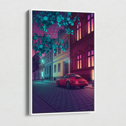 Porsche 911 Inspired Red Purple Canvas Wall Art Vaporwave Classic Sports Car Artwork Neon Street Garage Decor Retro Futuristic City Print