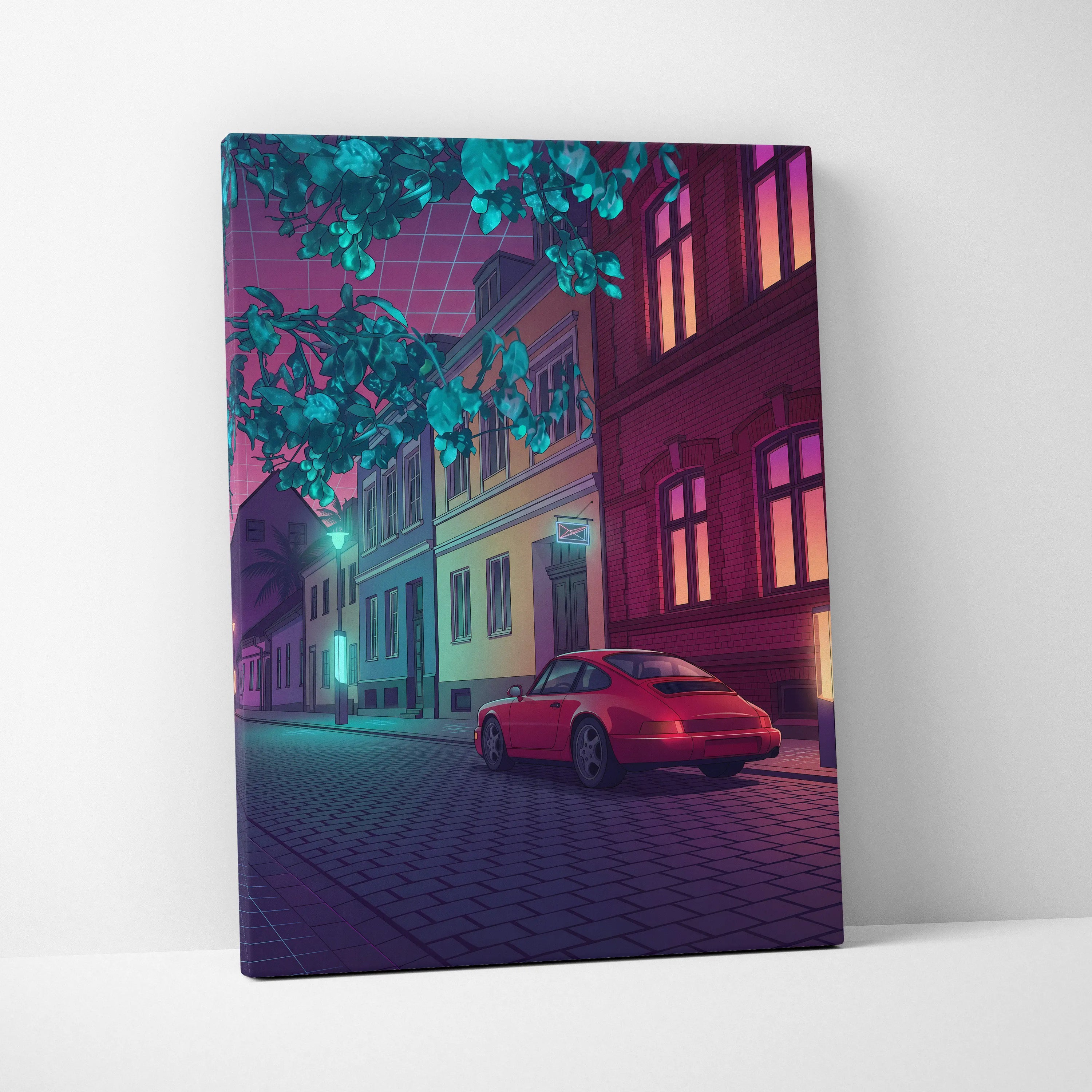 Porsche 911 Inspired Red Purple Canvas Wall Art Vaporwave Classic Sports Car Artwork Neon Street Garage Decor Retro Futuristic City Print