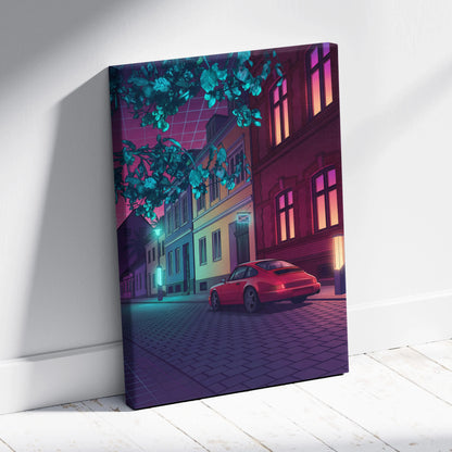 Porsche 911 Inspired Red Purple Canvas Wall Art Vaporwave Classic Sports Car Artwork Neon Street Garage Decor Retro Futuristic City Print
