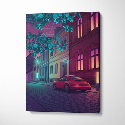 Porsche 911 Inspired Red Purple Canvas Wall Art Vaporwave Classic Sports Car Artwork Neon Street Garage Decor Retro Futuristic City Print
