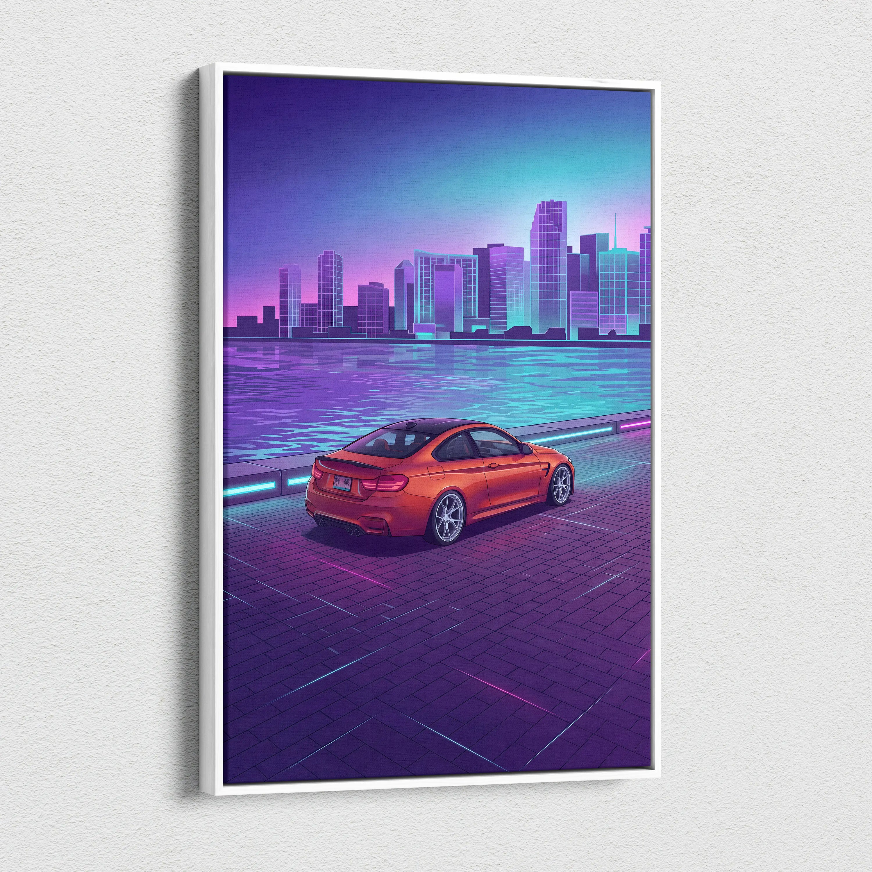 BMW M4 Inspired Orange Purple Canvas Wall Art Vaporwave Sports Car Artwork Neon Waterfront Garage Decor Retro Futuristic City Print